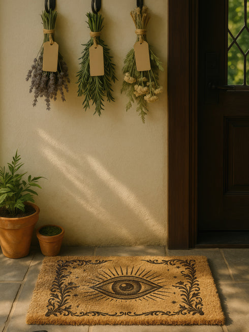 A 24x16 inch rectangular outdoor doormat made of eco-friendly coconut coir with a black vinyl backing. The mat features a central evil eye design radiating with detailed rays and surrounded by swirling ornamental scrollwork and small stars. Designed for witchy home entryways, it offers protection and style for porches, patios, and thresholds.